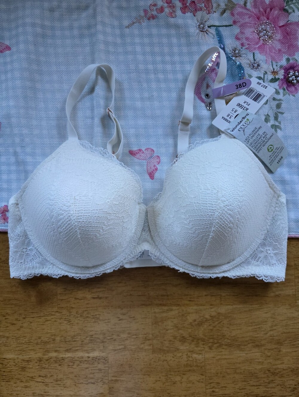 🆕️ Wonderbra Eco Pure Cream Lace Plunge Lift Underwire Bra Size 38D